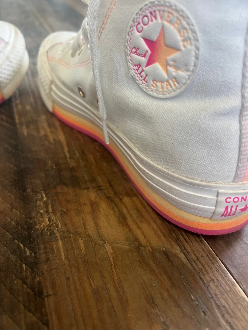 Converse Kids High-Top Sneakers in White with Pink and Orange Accents